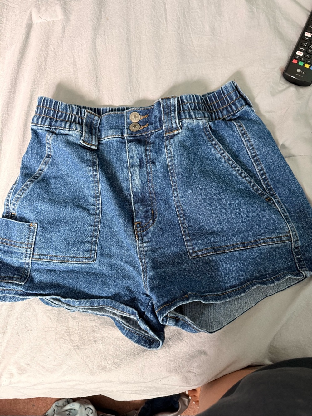 No Boundaries High Waist Blue Denim Shorts with Front Patch Pockets
